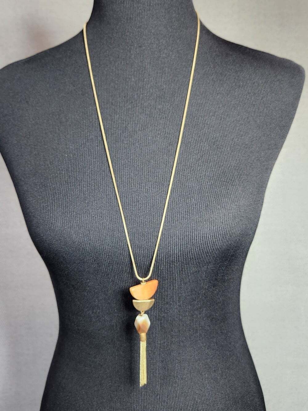 Gold-Tone 32" Long Tassel Necklace with Orange and Cream Stone Accents